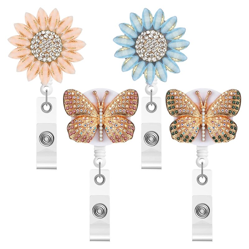 4 Pcs Retractable Rhinestone Badge Reels Crystal ID Badge Reel Crystal Name ID Badge Holder With Clip For Women Nurses